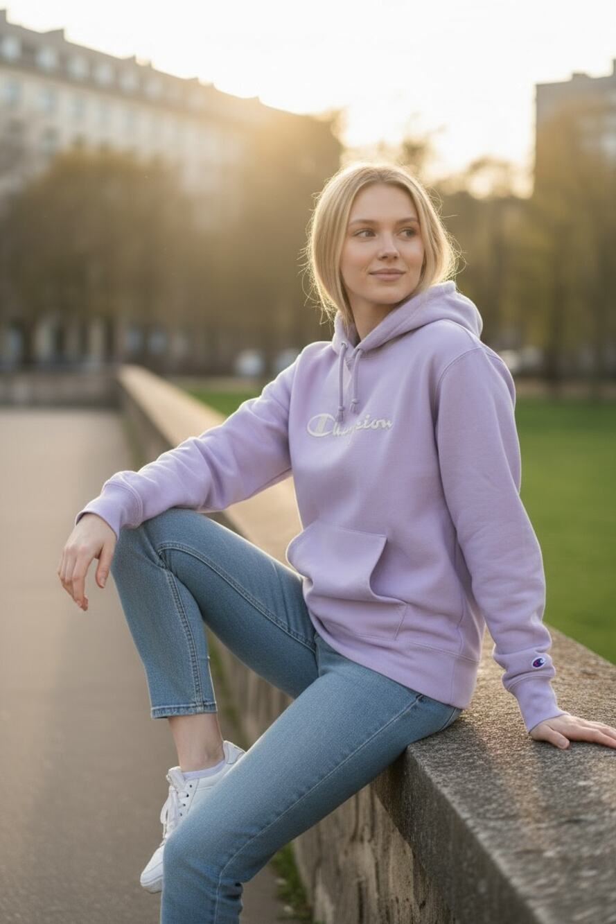 CHAMPION Sweatshirt Size M Light Purple White Embroidered Logo Hoodie
